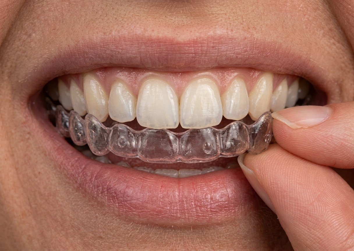 Alinhador transparente sendo posicionado sobre os dentes inferiores durante o tratamento