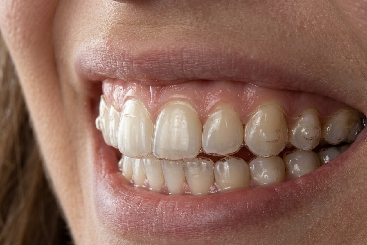 Sorriso com alinhadores transparentes encaixados nas arcadas superior e inferior