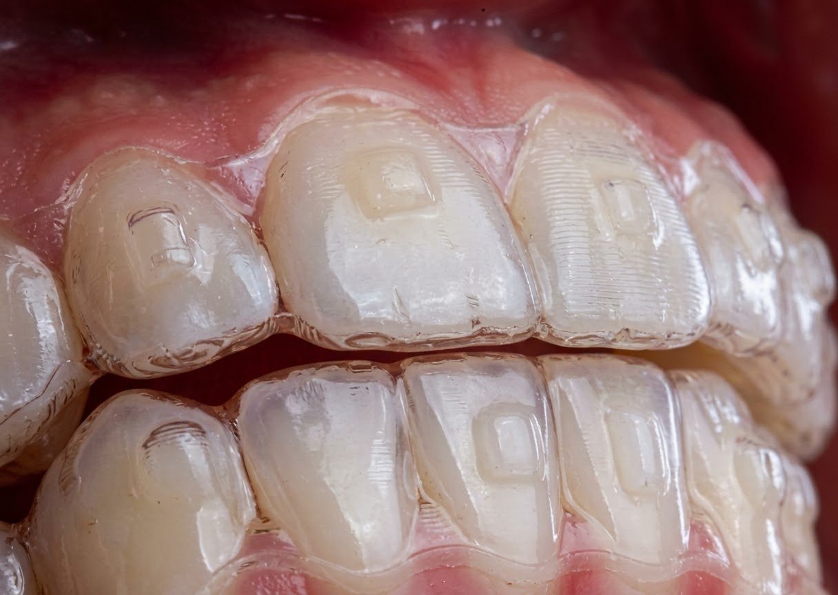 Alinhadores transparentes em uso com attachments de resina visíveis nos dentes